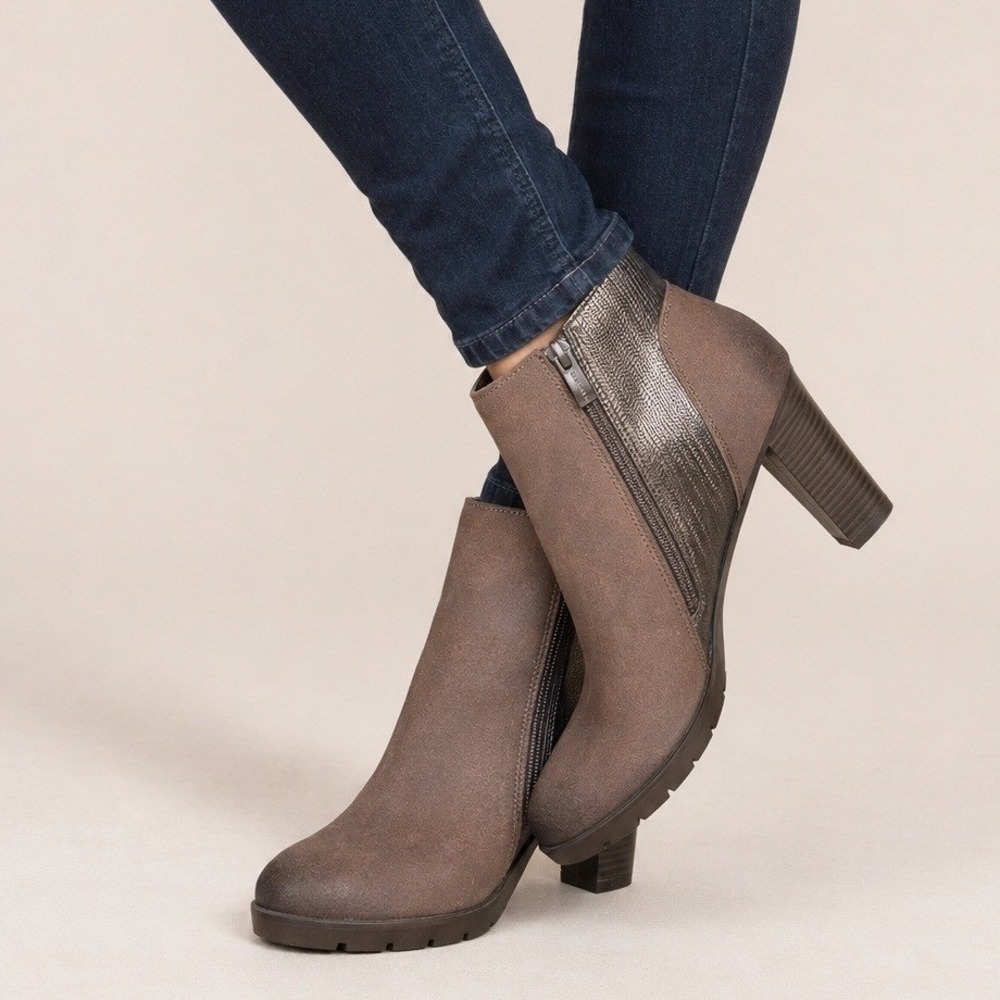 Vangelo Womens Taupe Brown Mixed Media Fleece Lined Block Heel Ankle Boots